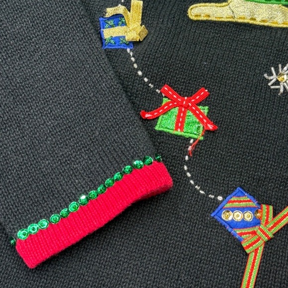 Tiara International Christmas sweater XL Santa sleigh reindeer gifts sequin knit - Picture 6 of 8